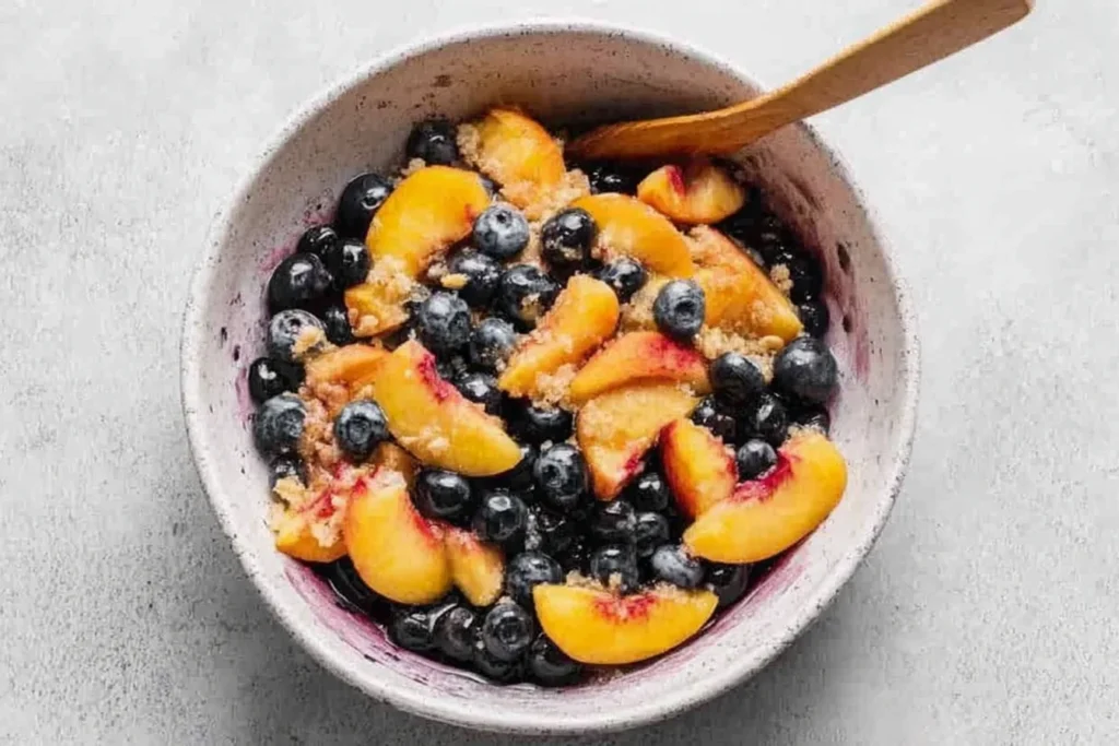 Blueberry Peach Crumble filling with fresh blueberries and sliced peaches in a mixing bowl, lightly coated with sugar and flour before baking.