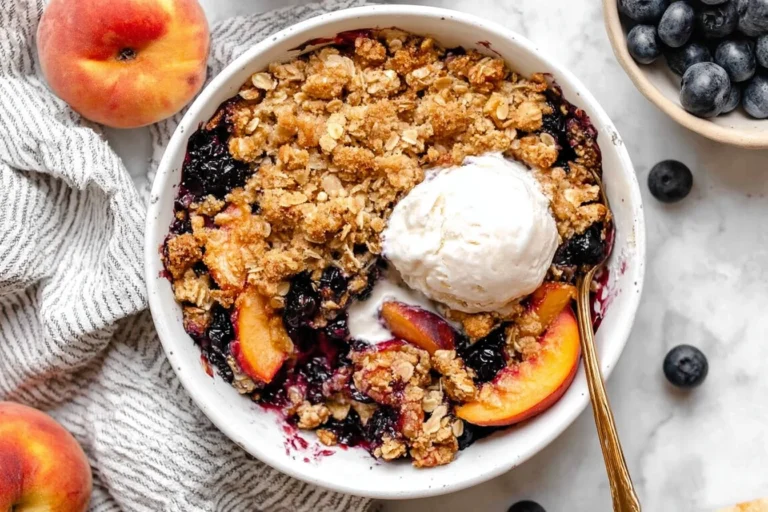 Blueberry Peach Crumble in a white baking dish with golden oat topping and a scoop of vanilla ice cream, surrounded by fresh peaches and blueberries
