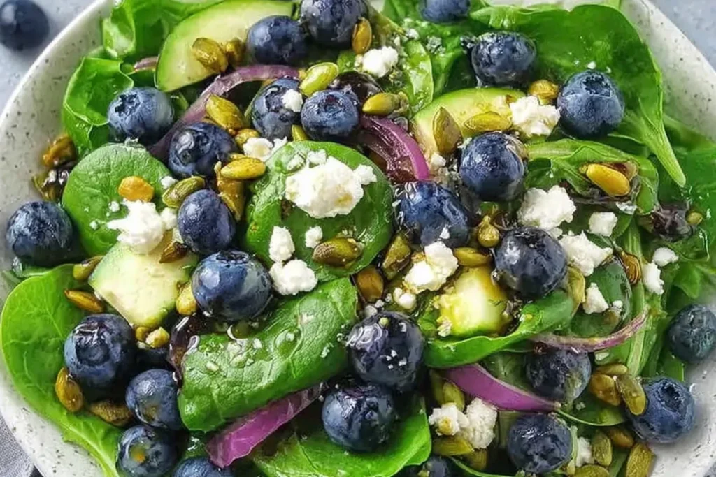 Blueberry Pistachio Spring Salad with baby spinach, fresh blueberries, cucumber slices, red onion, feta crumbles, and pistachios with balsamic dressing.