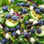 Blueberry Pistachio Spring Salad with fresh spinach, blueberries, cucumber, red onion, feta crumbles, and crunchy pistachios.
