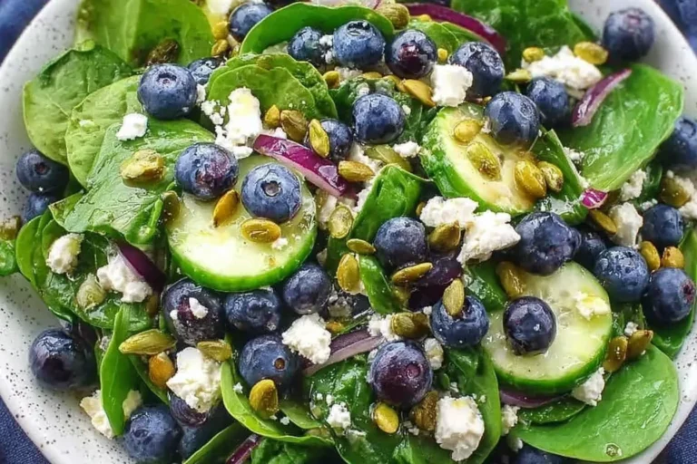Blueberry Pistachio Spring Salad with fresh spinach, blueberries, cucumber, red onion, feta crumbles, and crunchy pistachios.