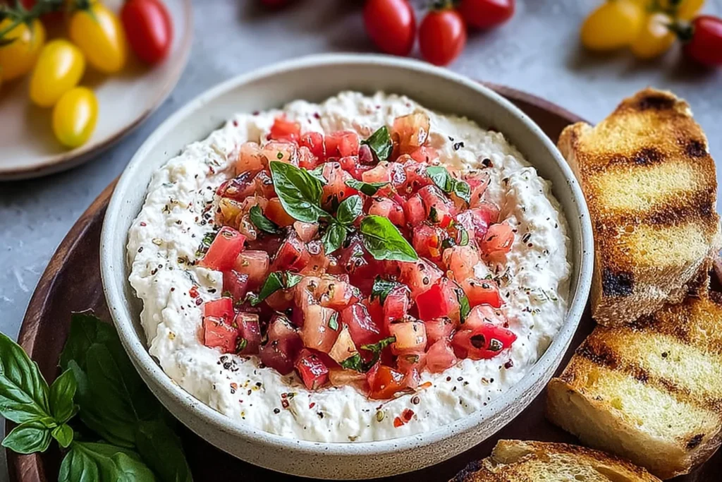 Boursin Bruschetta Dip topped with diced tomatoes and fresh basil in a serving bowl, sprinkled with pepper flakes and served with grilled crostini.