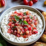 Boursin Bruschetta Dip topped with diced tomatoes and fresh basil in a serving bowl, sprinkled with pepper flakes and served with grilled crostini.