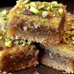 Brown Butter and Honey Pistachio Cookie Bars stacked on a plate, chewy golden bars topped with chopped pistachios and a glossy honey-brown butter center.