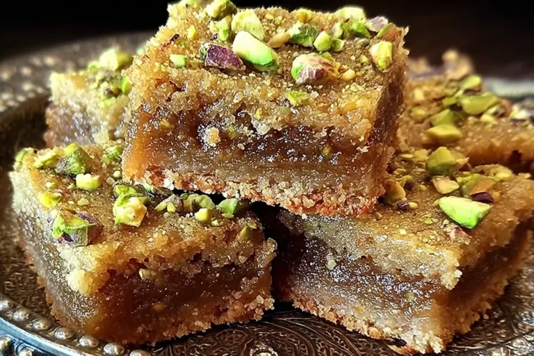 Brown Butter and Honey Pistachio Cookie Bars stacked on a plate, chewy golden bars topped with chopped pistachios and a glossy honey-brown butter center.