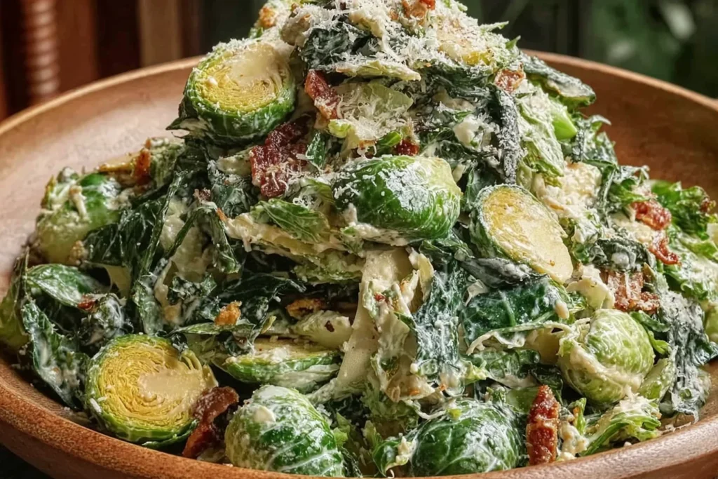 Brussels Sprouts Caesar Salad piled in a wooden bowl with creamy Caesar dressing, shaved Parmesan, crispy bacon, and tender Brussels sprouts.