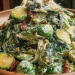 Brussels Sprouts Caesar Salad piled in a wooden bowl with creamy Caesar dressing, shaved Parmesan, crispy bacon, and tender Brussels sprouts.