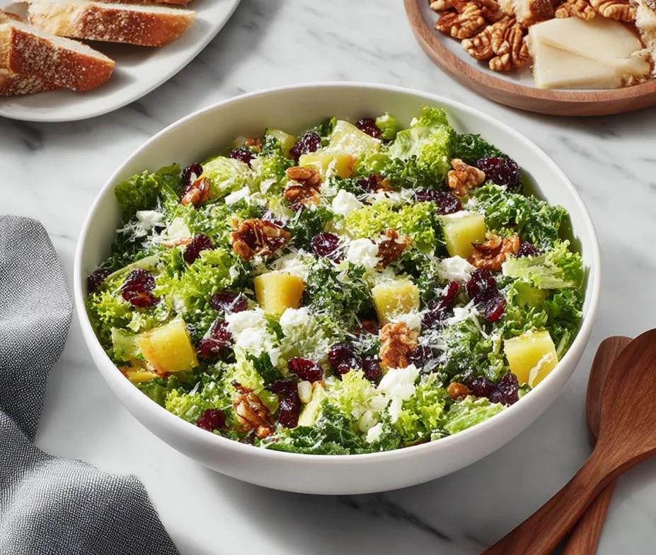 Ina Garten Cape Cod Salad Recipe in a white bowl with leafy greens, dried cranberries, toasted walnuts, apple chunks, and crumbled blue cheese.
