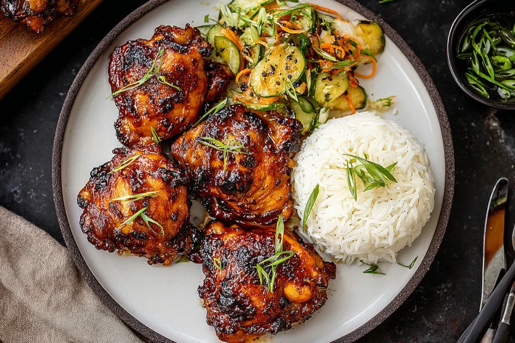 Roasted Miso Chicken Thighs with caramelized miso glaze, fluffy white rice, and crunchy cucumber-carrot slaw on a plate.