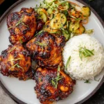 Roasted Miso Chicken Thighs with caramelized miso glaze, fluffy white rice, and crunchy cucumber-carrot slaw on a plate.