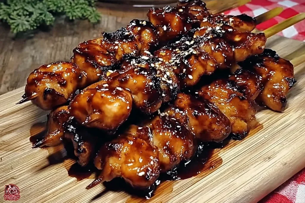 Grilled Chicken Yakitori Skewers stacked on a wooden board with a glossy caramelized soy glaze, charred edges, and sesame topping.