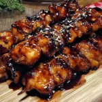 Grilled Chicken Yakitori Skewers stacked on a wooden board with a glossy caramelized soy glaze, charred edges, and sesame topping.