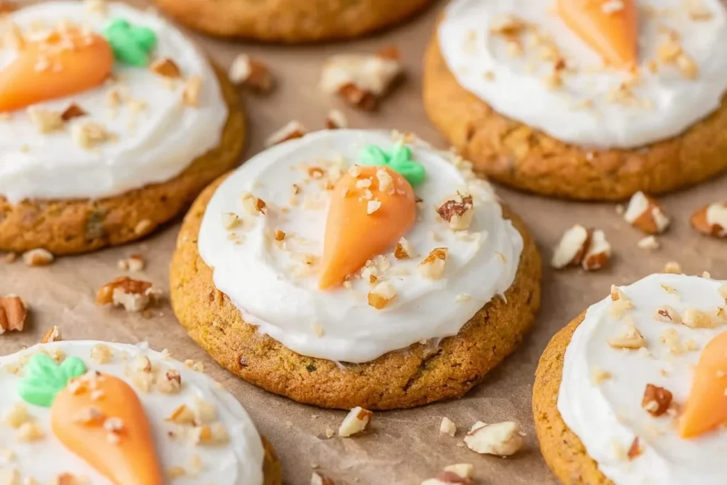Close-up of Carrot Cake Cookies with cream cheese frosting, chopped nuts, and a piped carrot topper on parchment paper.