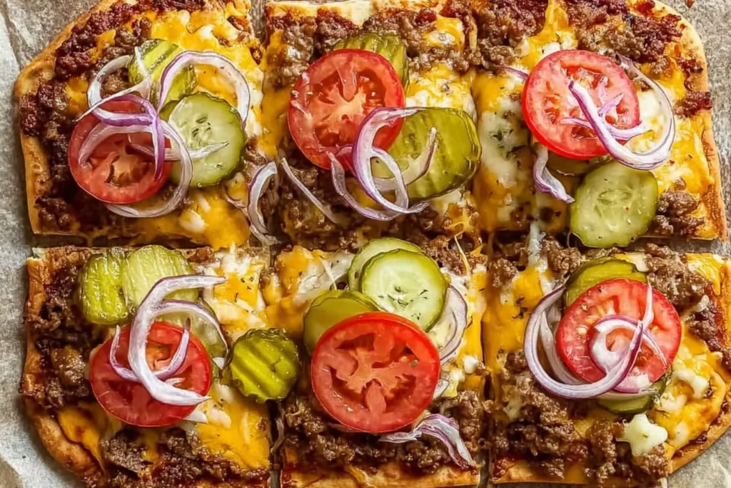 Cheeseburger Flatbreads topped with seasoned ground beef, melted cheese, sliced pickles, tomatoes, and red onion on a crispy flatbread crust.