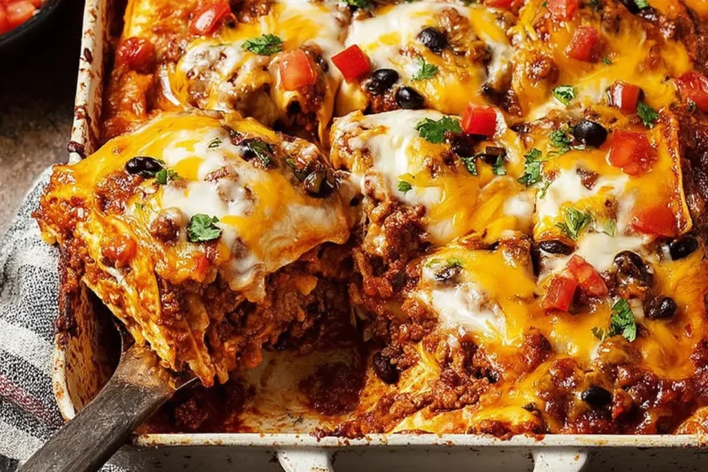 Enchilada Casserole slice being served from a baking dish, with melted cheese, black beans, and diced tomatoes on top.