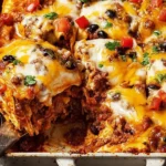 Enchilada Casserole slice being served from a baking dish, with melted cheese, black beans, and diced tomatoes on top.