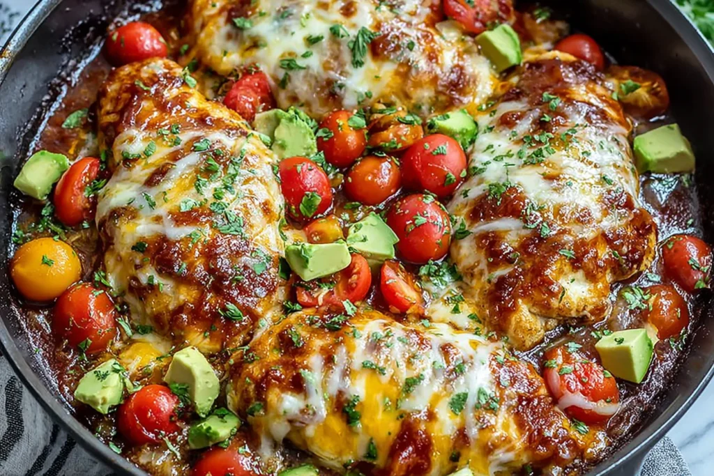 Monterey Chicken Skillet with BBQ-rubbed chicken breasts simmered in tomato sauce, topped with melted Monterey Jack, cherry tomatoes, avocado, and herbs.