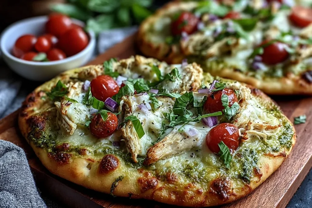 Pesto Chicken Flatbread with Mozzarella fresh from the oven, topped with shredded chicken, melted cheese, cherry tomatoes, red onion, and basil.