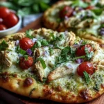 Pesto Chicken Flatbread with Mozzarella fresh from the oven, topped with shredded chicken, melted cheese, cherry tomatoes, red onion, and basil.
