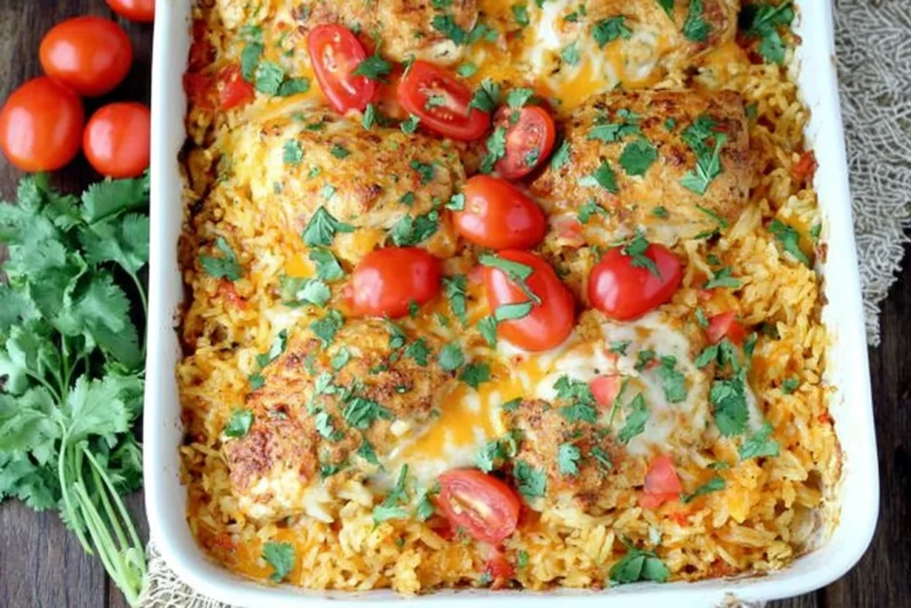 Queso Chicken and Rice Bake in a white casserole dish topped with melted cheese, cherry tomatoes, and fresh cilantro.