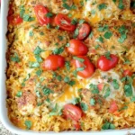 Queso Chicken and Rice Bake in a white casserole dish topped with melted cheese, cherry tomatoes, and fresh cilantro.