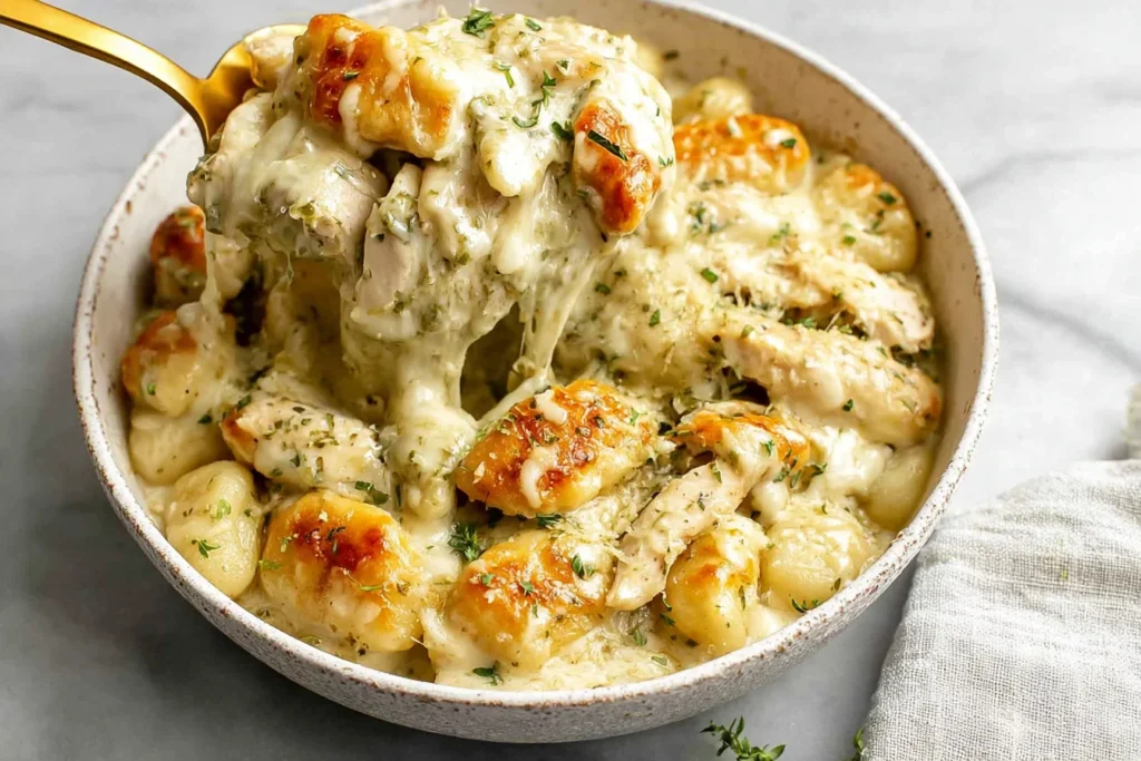 Spoonful of Pesto Chicken Gnocchi Bake with stretchy melted mozzarella, tender chicken, and pillowy gnocchi in creamy pesto sauce.