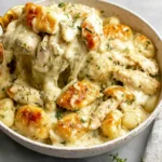 Spoonful of Pesto Chicken Gnocchi Bake with stretchy melted mozzarella, tender chicken, and pillowy gnocchi in creamy pesto sauce.