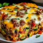 Zucchini Pizza Casserole slice loaded with ground beef, pizza sauce, and melted mozzarella-cheddar cheese, layered with zucchini rounds on a white plate.
