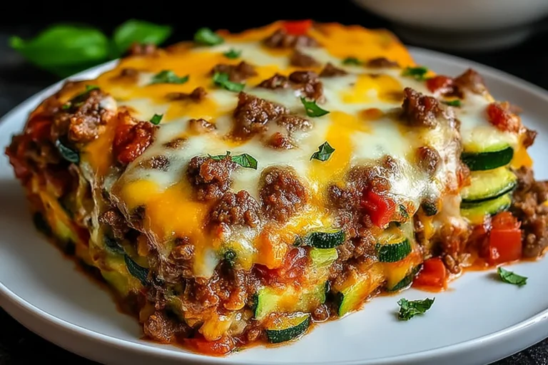 Zucchini Pizza Casserole slice loaded with ground beef, pizza sauce, and melted mozzarella-cheddar cheese, layered with zucchini rounds on a white plate.