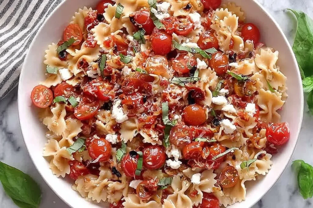 Cherry Tomato Bruschetta Pasta Salad with bowtie pasta, marinated cherry tomatoes, basil ribbons, crumbled cheese, and balsamic drizzle in a white bowl.