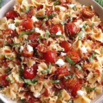 Cherry Tomato Bruschetta Pasta Salad in a white bowl with bowtie pasta, juicy cherry tomatoes, basil, cheese, and balsamic drizzle.