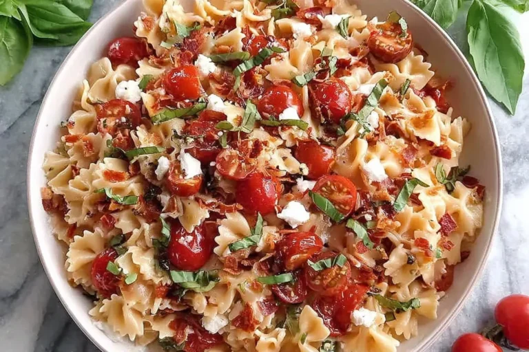 Cherry Tomato Bruschetta Pasta Salad in a white bowl with bowtie pasta, juicy cherry tomatoes, basil, cheese, and balsamic drizzle.