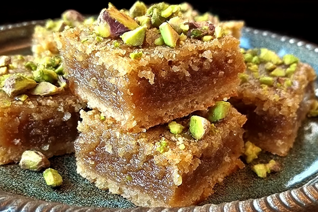 Brown Butter and Honey Pistachio Cookie Bars stacked on a plate, chewy caramel-brown bars topped with chopped pistachios and a buttery shortbread-style base.