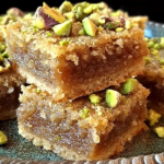 Brown Butter and Honey Pistachio Cookie Bars stacked on a plate, chewy caramel-brown bars topped with chopped pistachios and a buttery shortbread-style base.