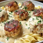 Chicken Cordon Bleu Meatballs over egg noodles with creamy Dijon sauce, topped with parsley and golden-browned crust.