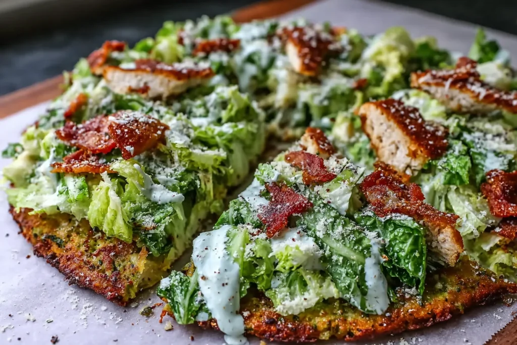 Chicken Crust Caesar Salad Pizza with crispy romaine, grated Parmesan, creamy Caesar drizzle, and crunchy chicken bacon bits on a golden chicken crust.