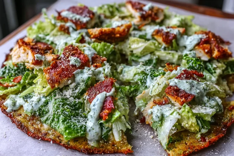 Chicken Crust Caesar Salad Pizza topped with crisp romaine, Parmesan, and creamy Caesar dressing on a golden chicken crust