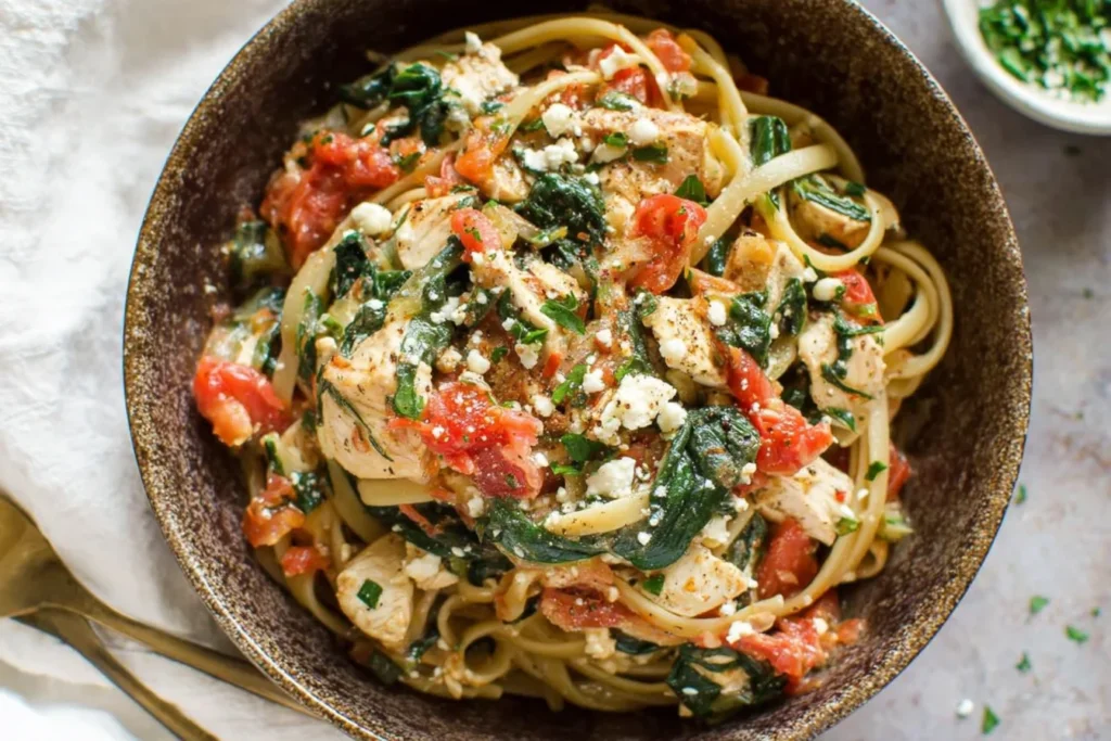 Chicken Feta Spinach Pasta served in a rustic bowl with linguine, tender chicken, wilted spinach, burst tomatoes, and crumbled feta.