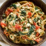 Chicken Feta Spinach Pasta served in a rustic bowl with linguine, tender chicken, wilted spinach, burst tomatoes, and crumbled feta.