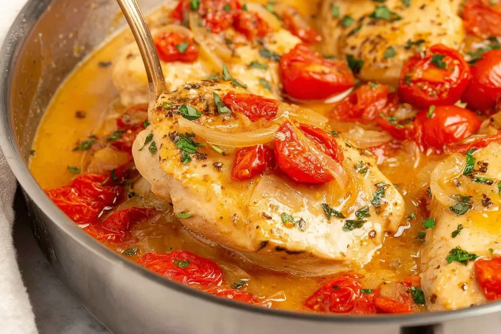 Chicken Pomodoro close-up in a skillet, with juicy chicken breast, cherry tomatoes, onions, and herbs in a golden garlic-lemon sauce.