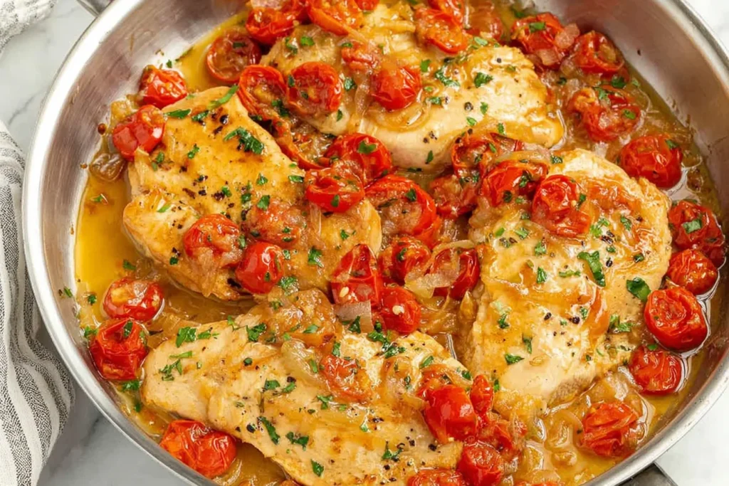 Chicken Pomodoro skillet with golden chicken cutlets, blistered cherry tomatoes, garlic, and onion in a bright lemony pan sauce.