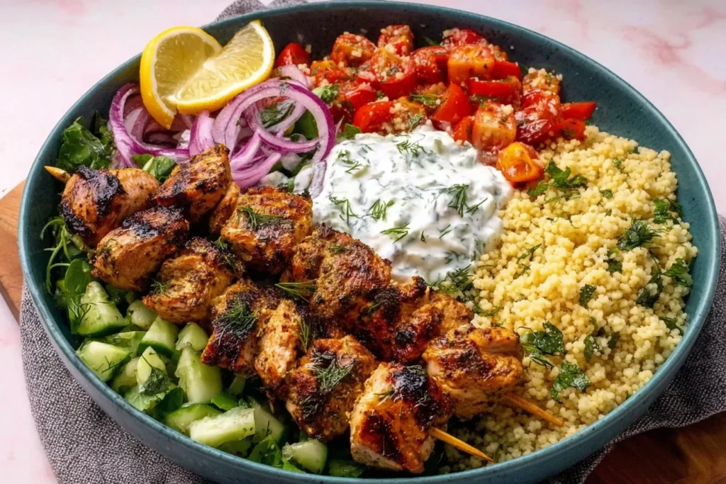 Chicken Skewer Mediterranean Bowl with charred chicken skewers, herbed couscous, creamy tzatziki, cucumber salad, pickled red onions, and lemon wedges.