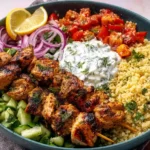 Chicken Skewer Mediterranean Bowl with charred chicken skewers, herbed couscous, creamy tzatziki, cucumber salad, pickled red onions, and lemon wedges.