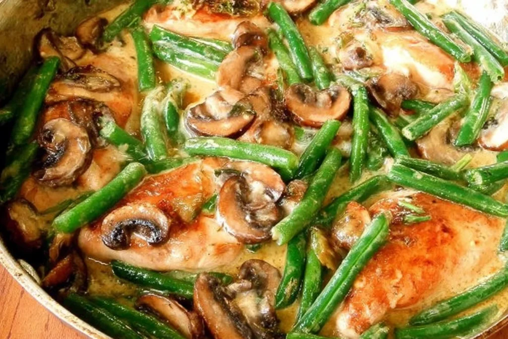 Chicken and Green Beans in Creamy Mushroom Sauce simmering in a skillet with browned chicken, fresh green beans, and sliced mushrooms in a creamy garlic-Parmesan sauce.