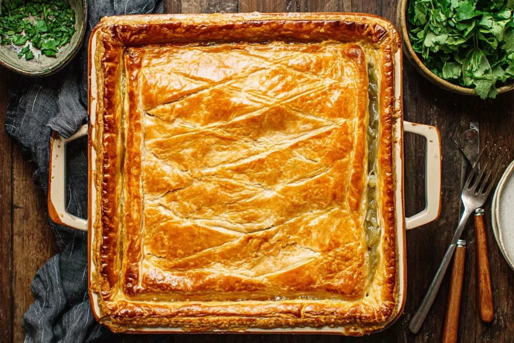 Chicken and Leek Pie baked in a casserole dish with a glossy, golden puff pastry crust, ready to slice and serve.