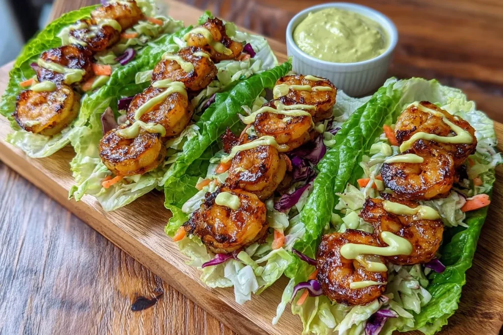 Sheet Pan Chili-Lime Shrimp Lettuce Wraps served in crisp romaine with crunchy slaw and creamy avocado sriracha crema on a wooden board.