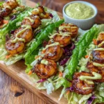 Sheet Pan Chili-Lime Shrimp Lettuce Wraps served in crisp romaine with crunchy slaw and creamy avocado sriracha crema on a wooden board.