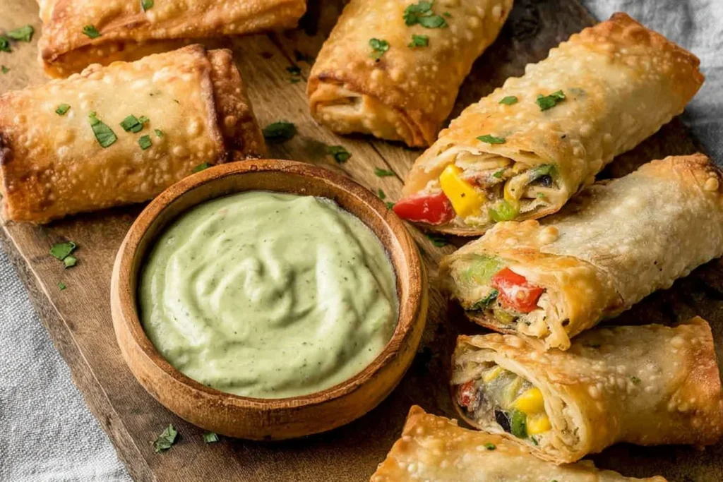 Plate of Chili’s Southwestern Egg Rolls with creamy avocado ranch dip, showing crispy golden wrappers and a chicken, corn, bean, and pepper filling.