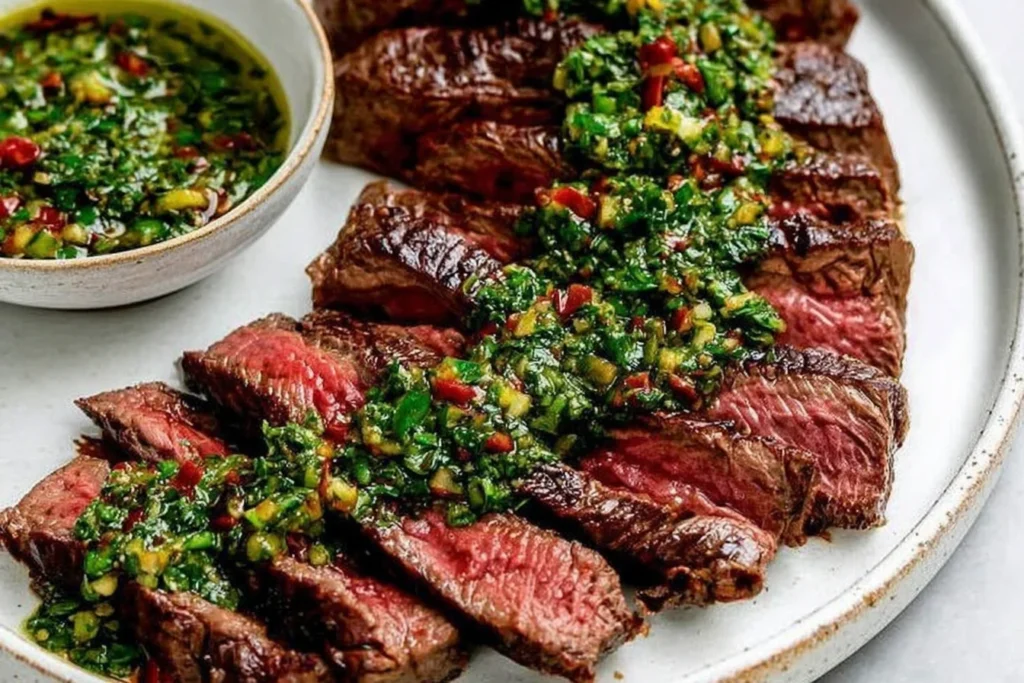 Chimichurri Steak sliced and fanned on a plate, topped with vibrant parsley-garlic chimichurri, with extra sauce in a bowl on the side.