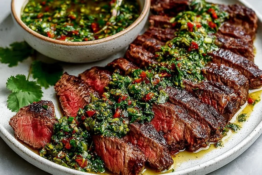Chimichurri Steak sliced medium-rare with fresh parsley-garlic chimichurri sauce drizzled on top, served with extra sauce in a bowl.